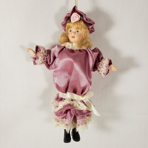 Vintage Doll Style Christmas Ornament Girl In Pink Dress Blonde Hair Flower Hat - Picture 1 of 9